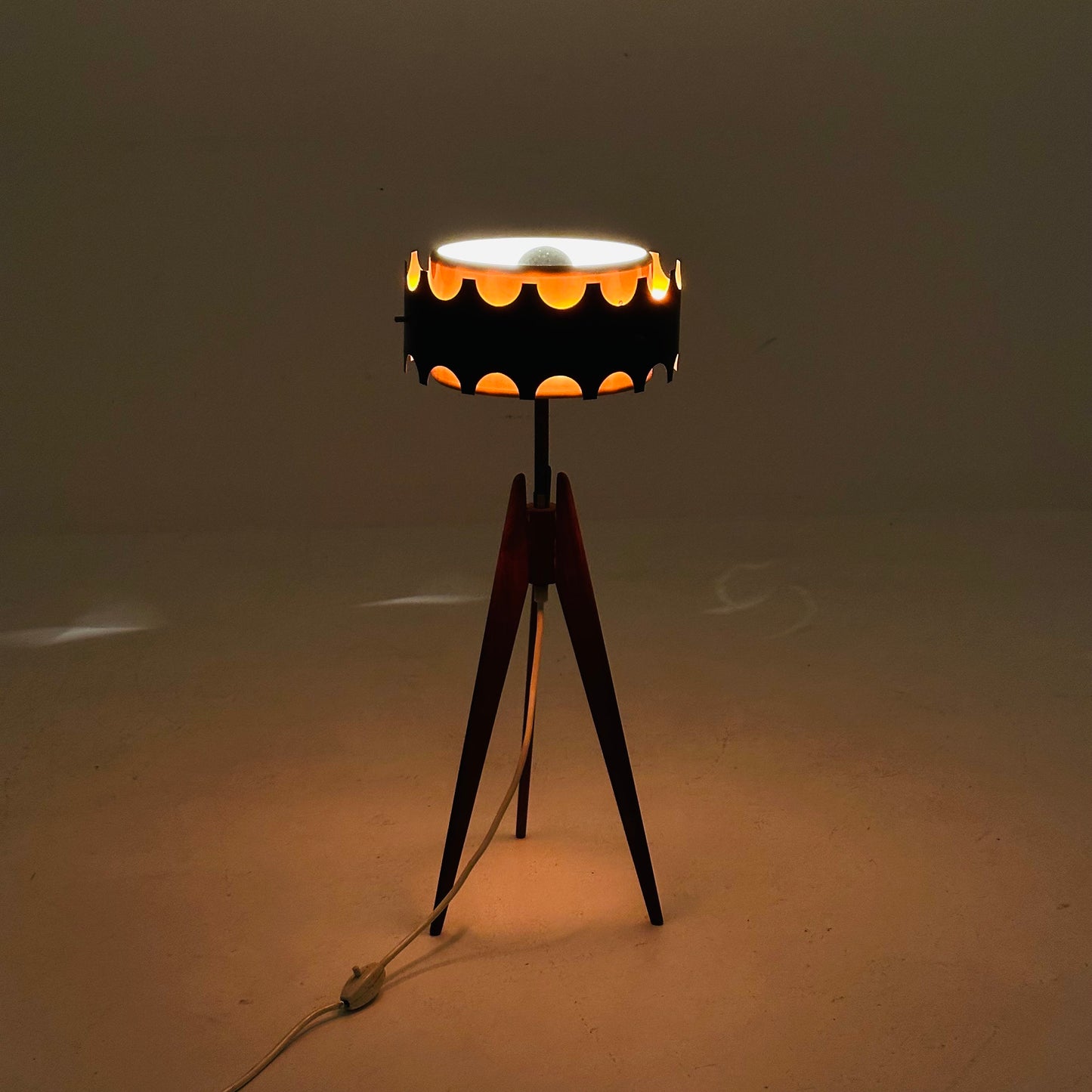 Vintage teak tripod leg floor lamp with gold-copper color shade , 1970s