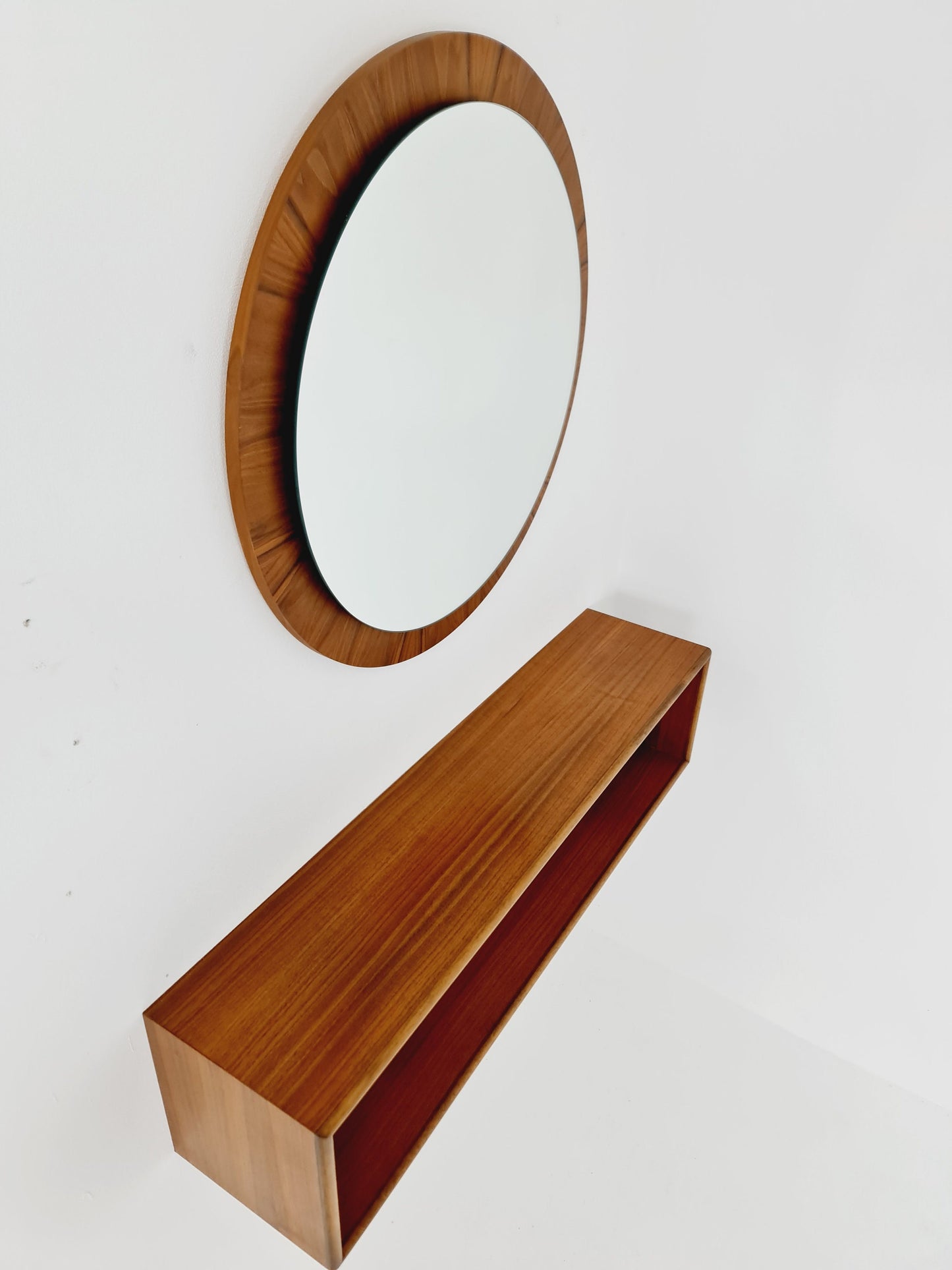 Mid Century walnut German Mirror with walnut shelf , 60s