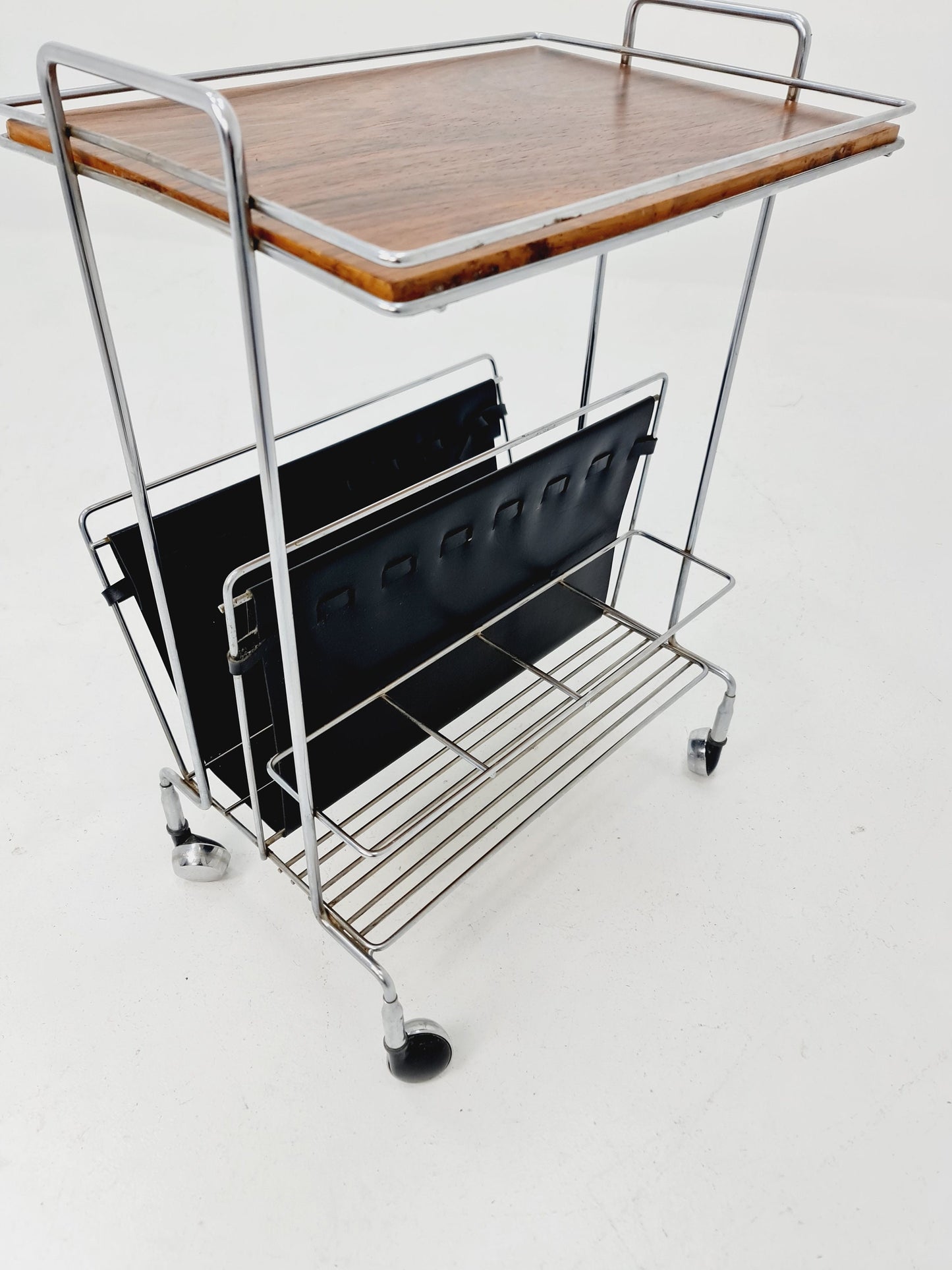 Vintage German mid century trolley bar cart in Rosewood & metal, 1960s