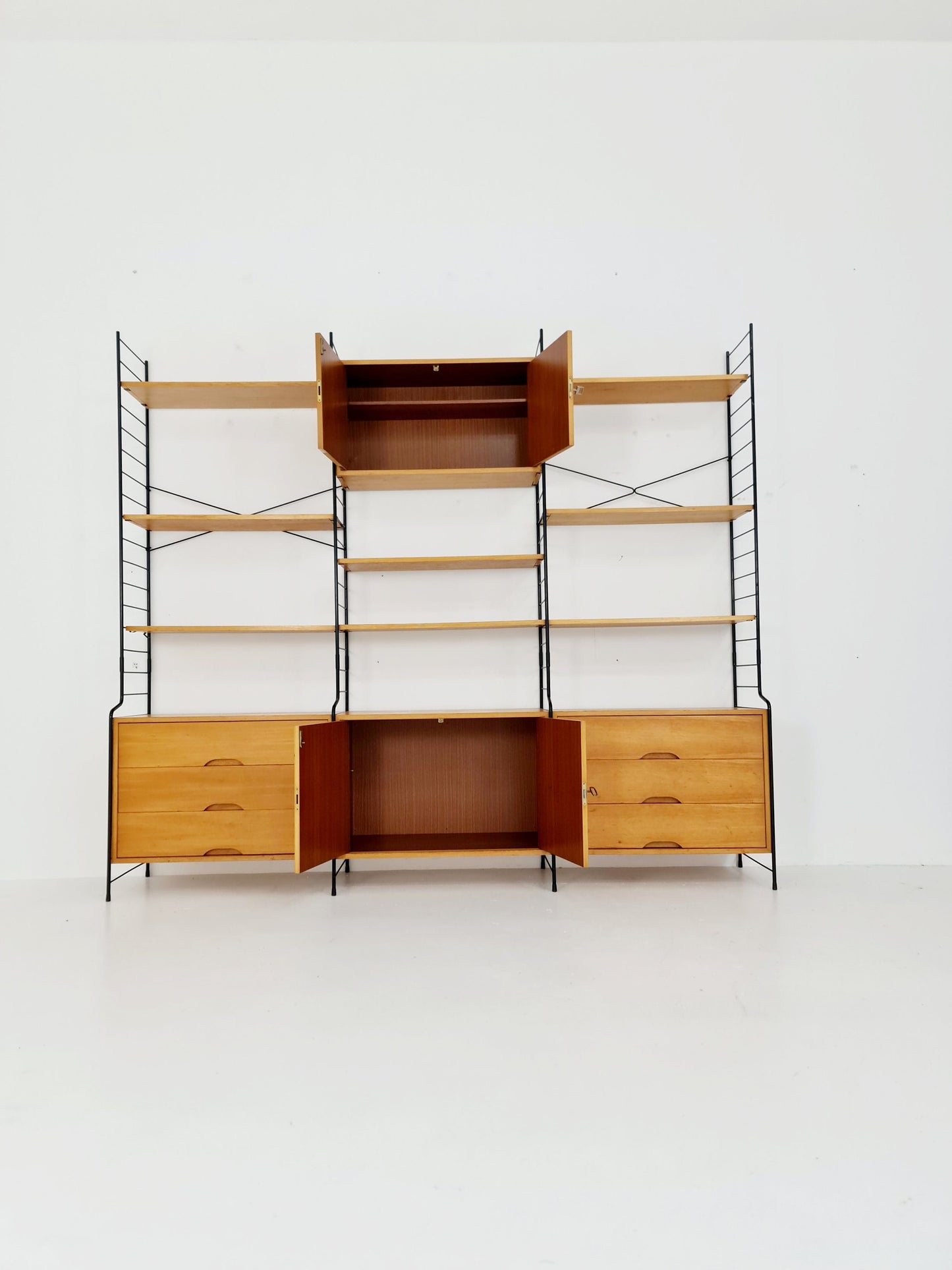 Mid century String shelf-system, bookcase with lighting Oak by WHB Germany, 1950s