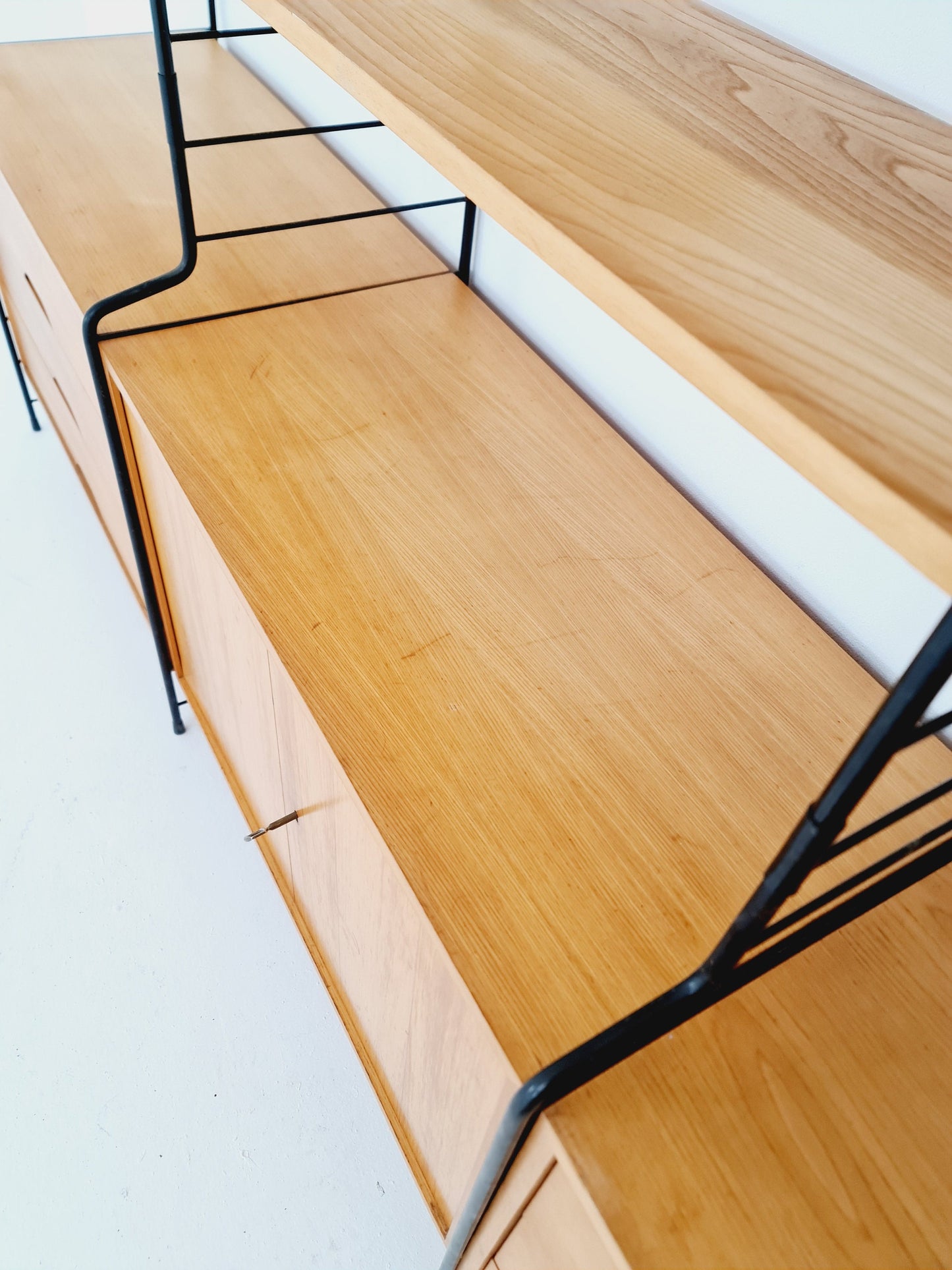 Mid century String shelf-system, bookcase with lighting Oak by WHB Germany, 1950s