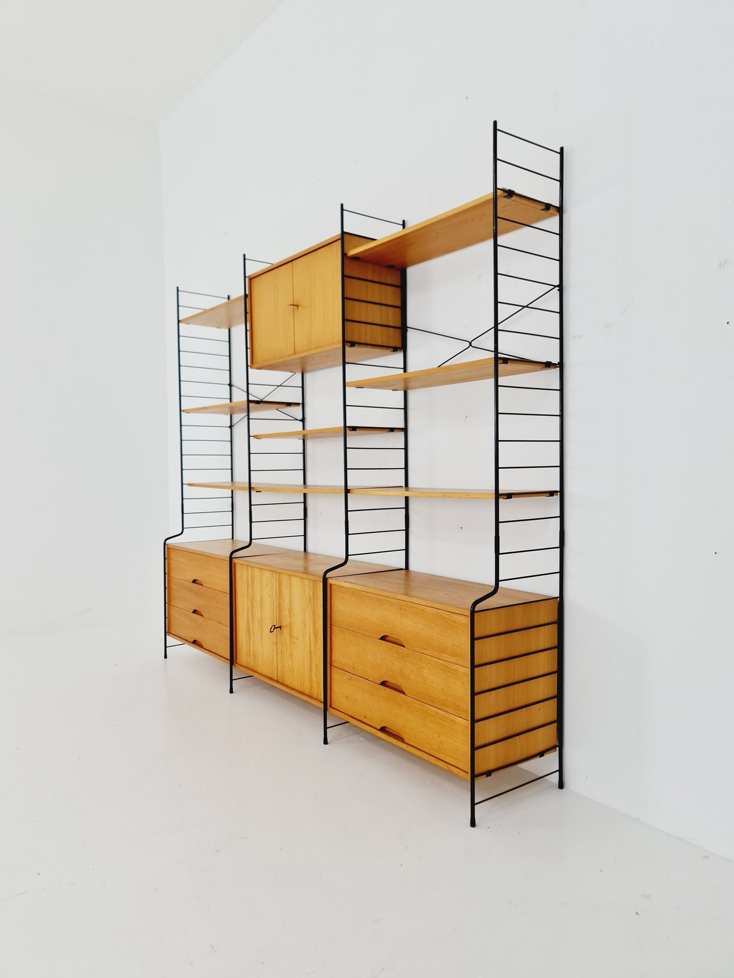 Mid century String shelf-system, bookcase with lighting Oak by WHB Germany, 1950s