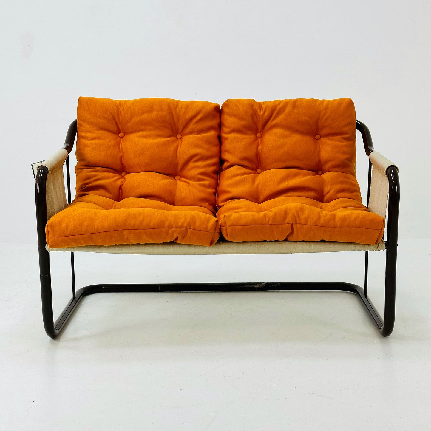 1970's Bauhaus tubular canvas sling 2 seat sofa