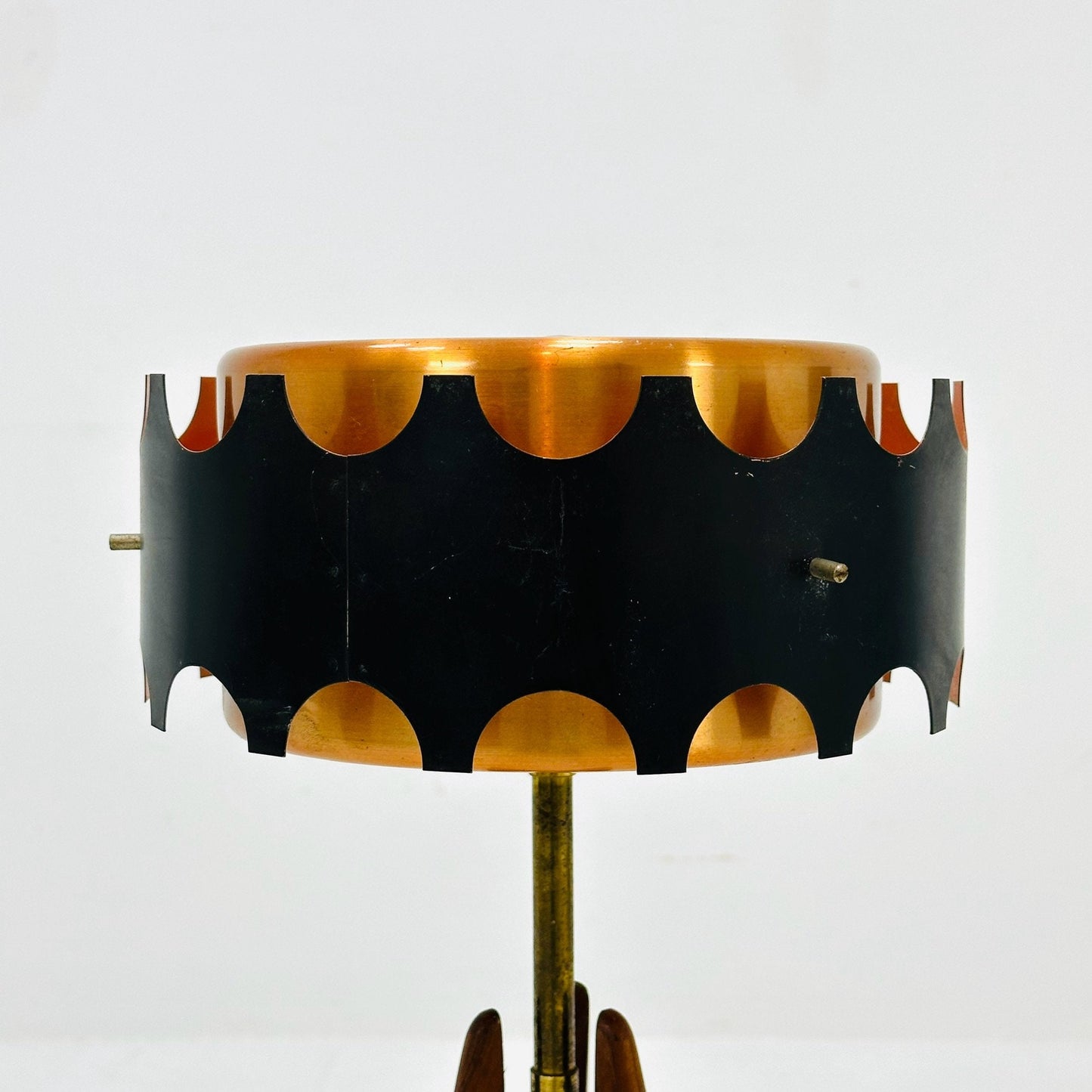Vintage teak tripod leg floor lamp with gold-copper color shade , 1970s