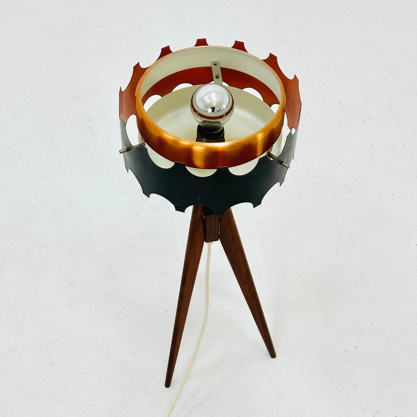 Vintage teak tripod leg floor lamp with gold-copper color shade , 1970s