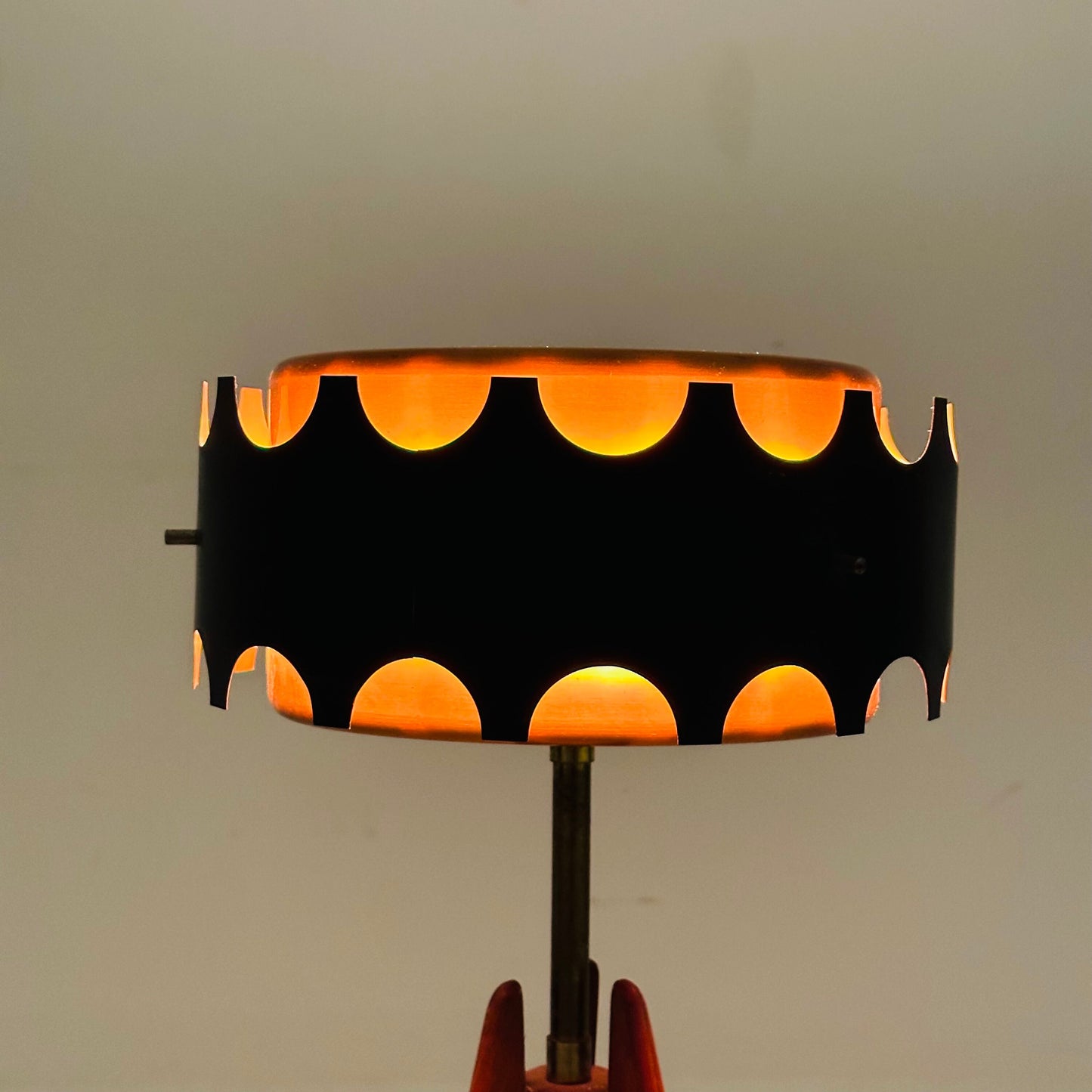 Vintage teak tripod leg floor lamp with gold-copper color shade , 1970s