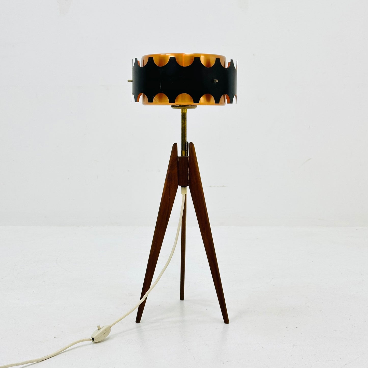 Vintage teak tripod leg floor lamp with gold-copper color shade , 1970s