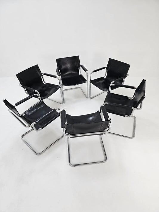 Set of 6 Matteo Grassi visitor chairs in black leather Italy 1980s