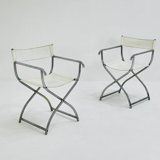 set of 2 mid -Century Modern Arrben director's chair in chrome and white leather 1980s