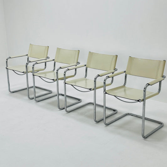 Set of 4 Model MG5 Centro Studi dining white leather chairs by Mart Stam & Marcel Breuer for Matteo Grassi, 1980s