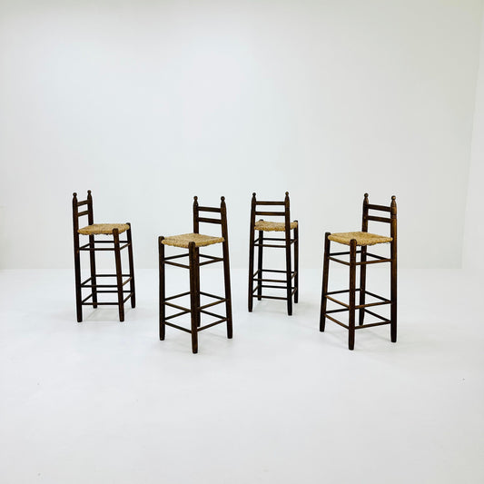 1 of 4 Mid century wood/wicker bar stools , 1960s, Italy