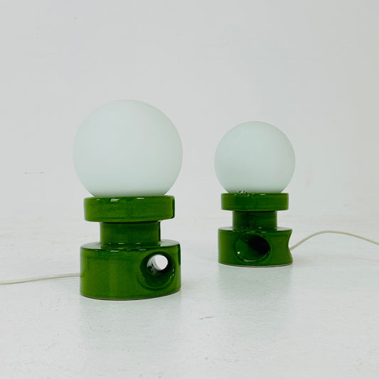 Mid century pair of green ceramic table lamps 1970s