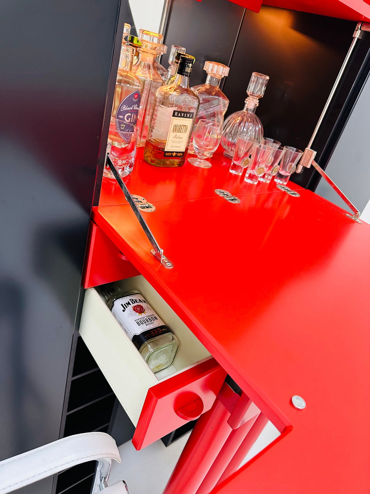 Mid century Duo bar cabinet black and red plywood by Peter Maly for Interlübke, Germany 1980s