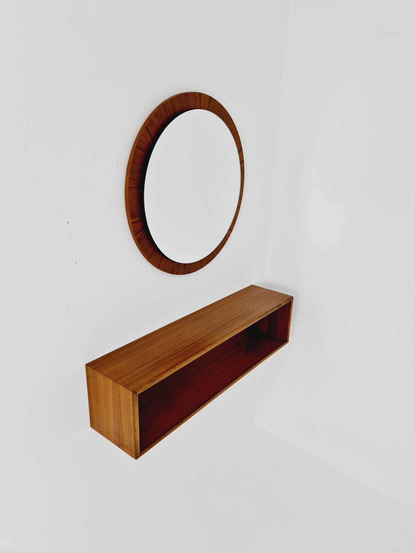 Mid Century walnut German Mirror with walnut shelf , 60s