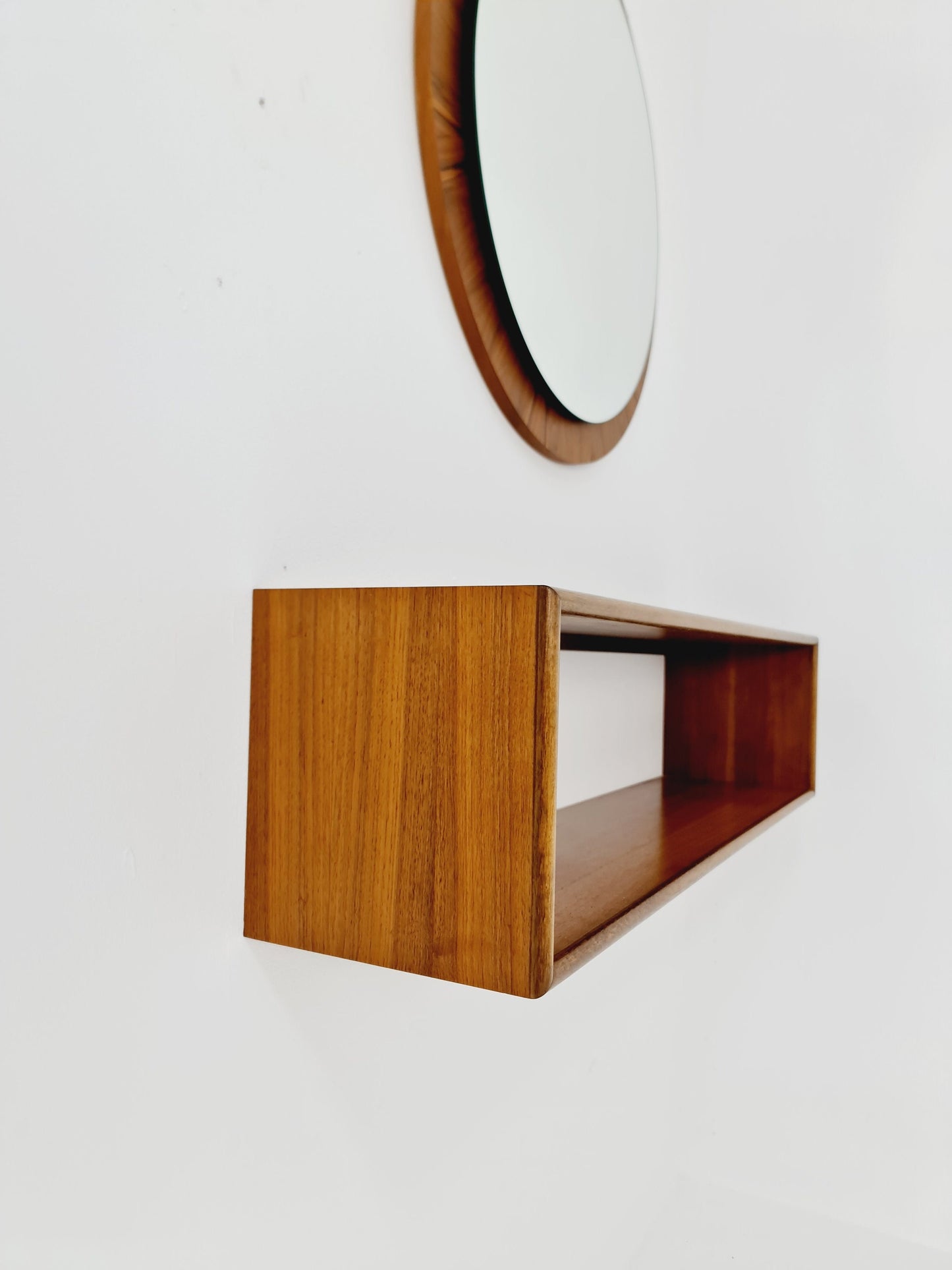 Mid Century walnut German Mirror with walnut shelf , 60s