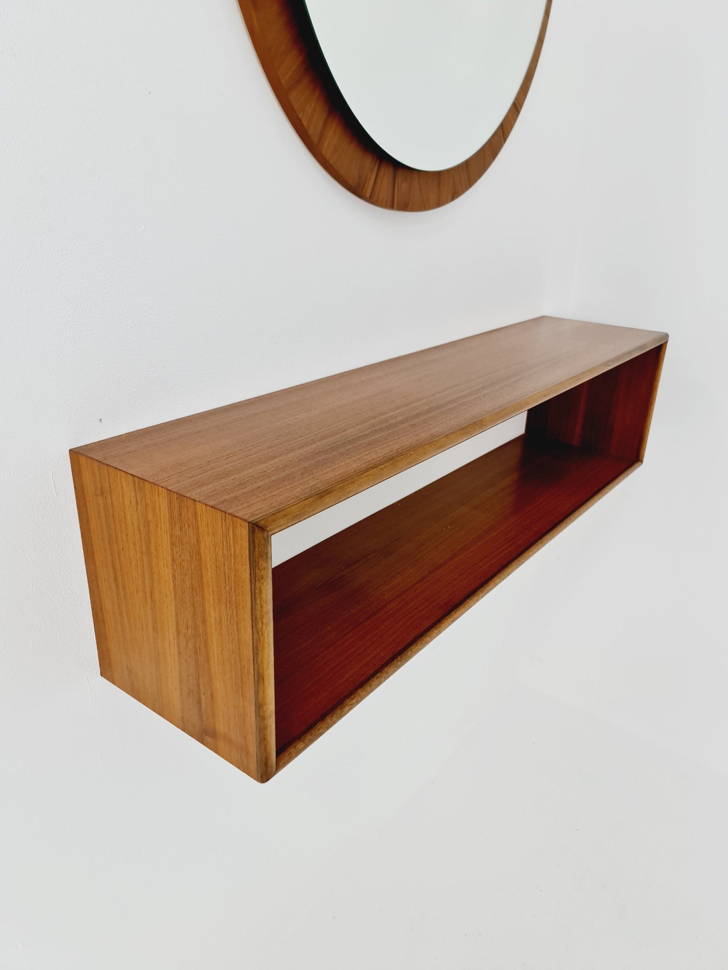 Mid Century walnut German Mirror with walnut shelf , 60s