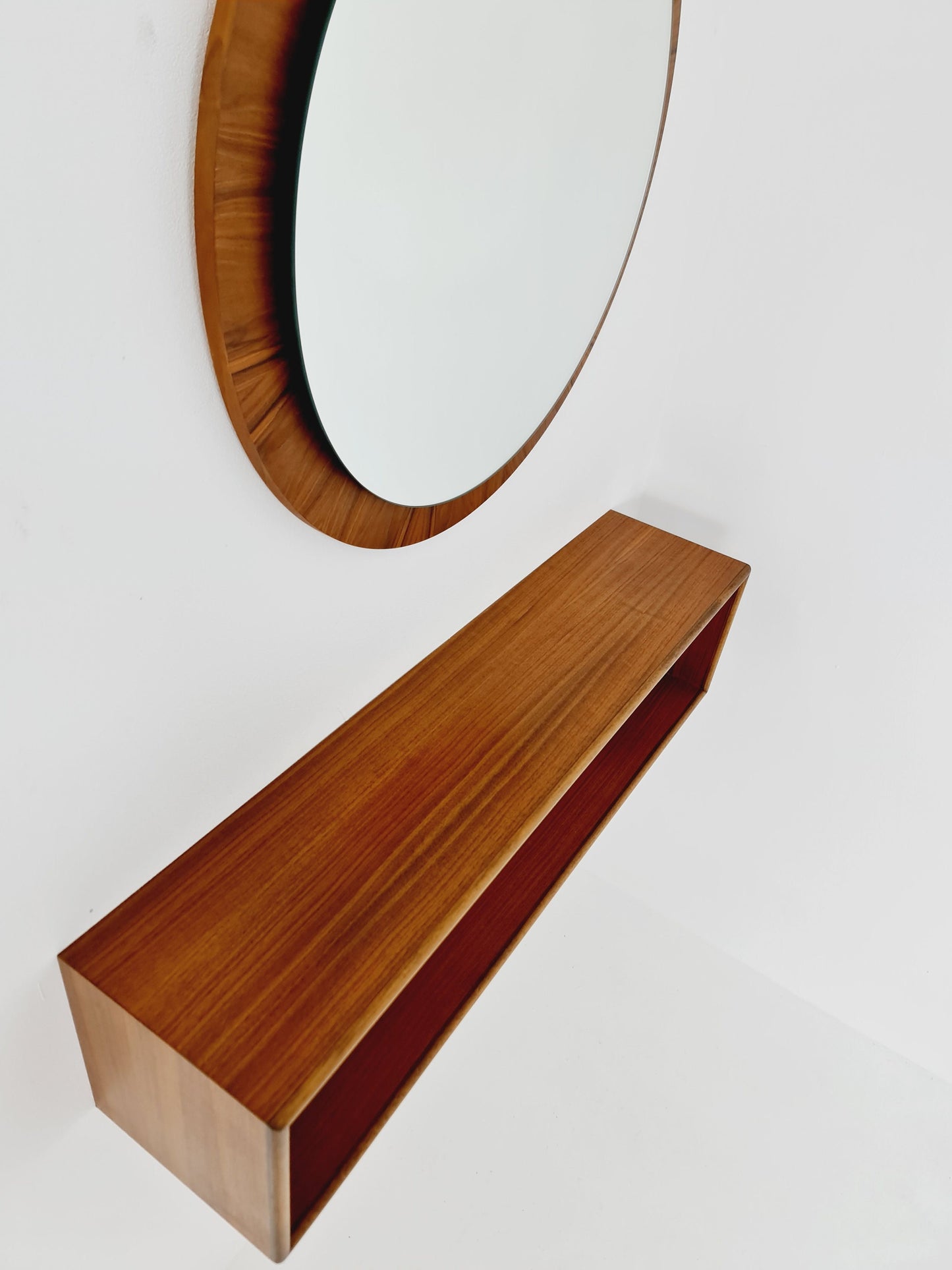 Mid Century walnut German Mirror with walnut shelf , 60s