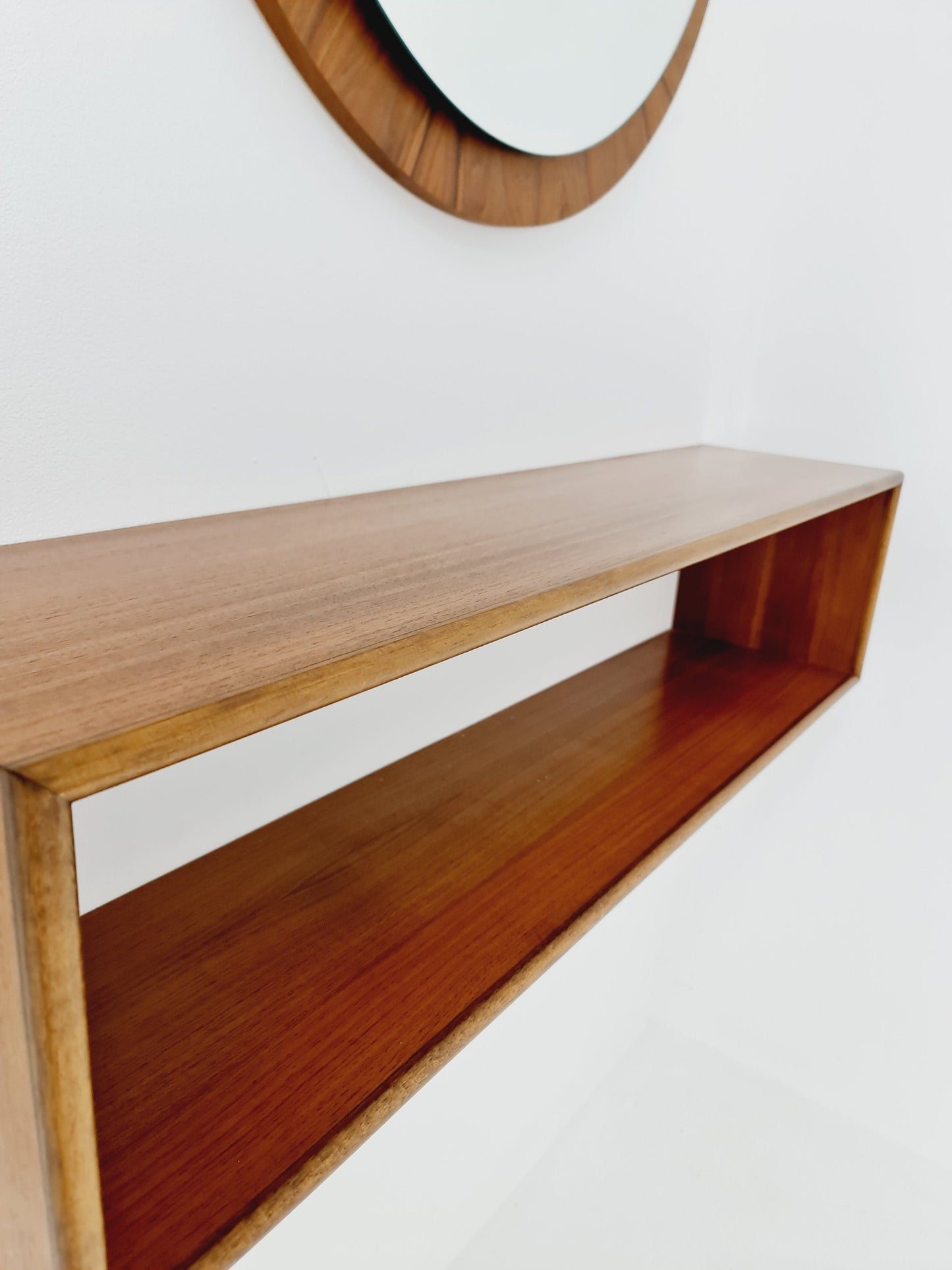 Mid Century walnut German Mirror with walnut shelf , 60s