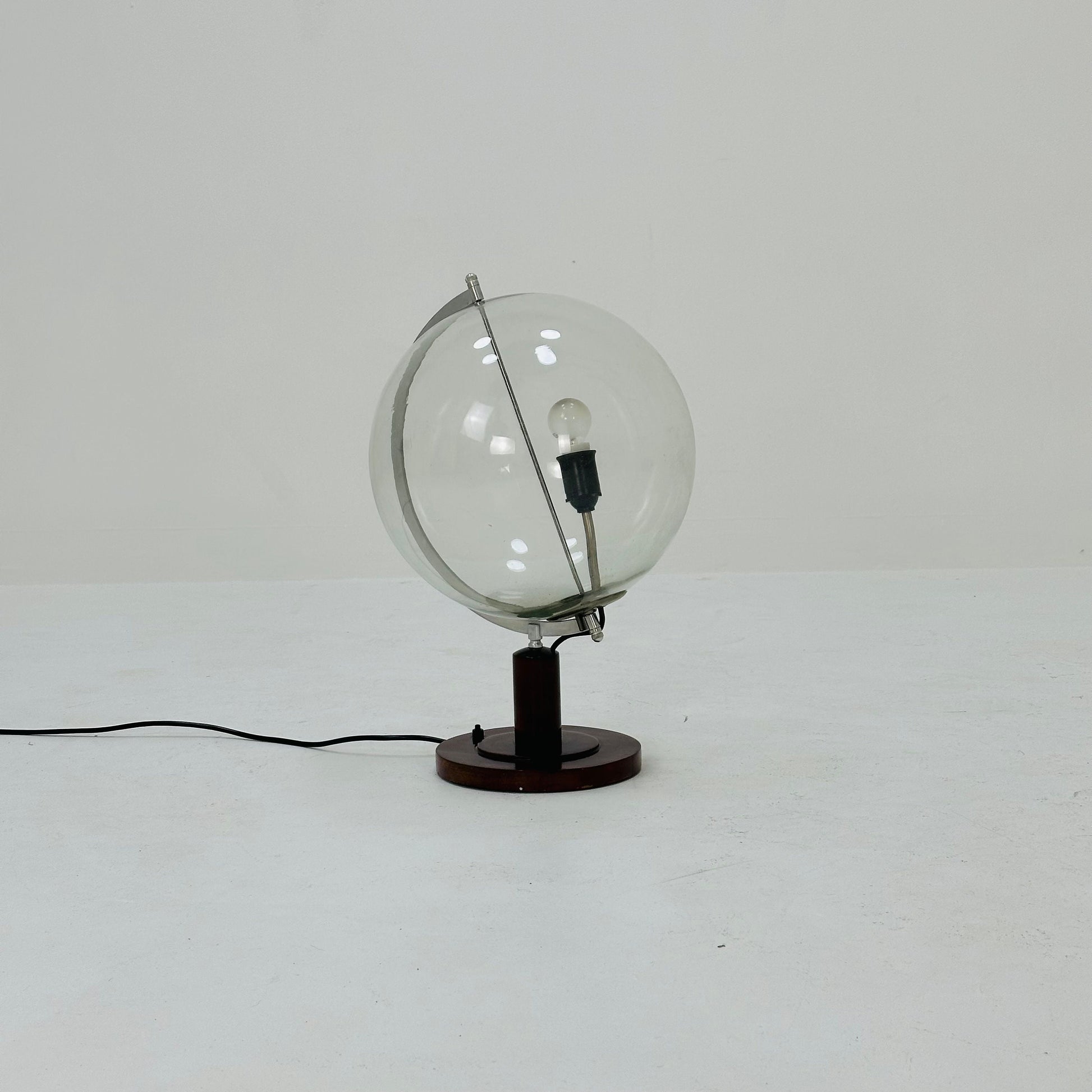 Mid century globe table lamp made of wood, metal & glass 1970s