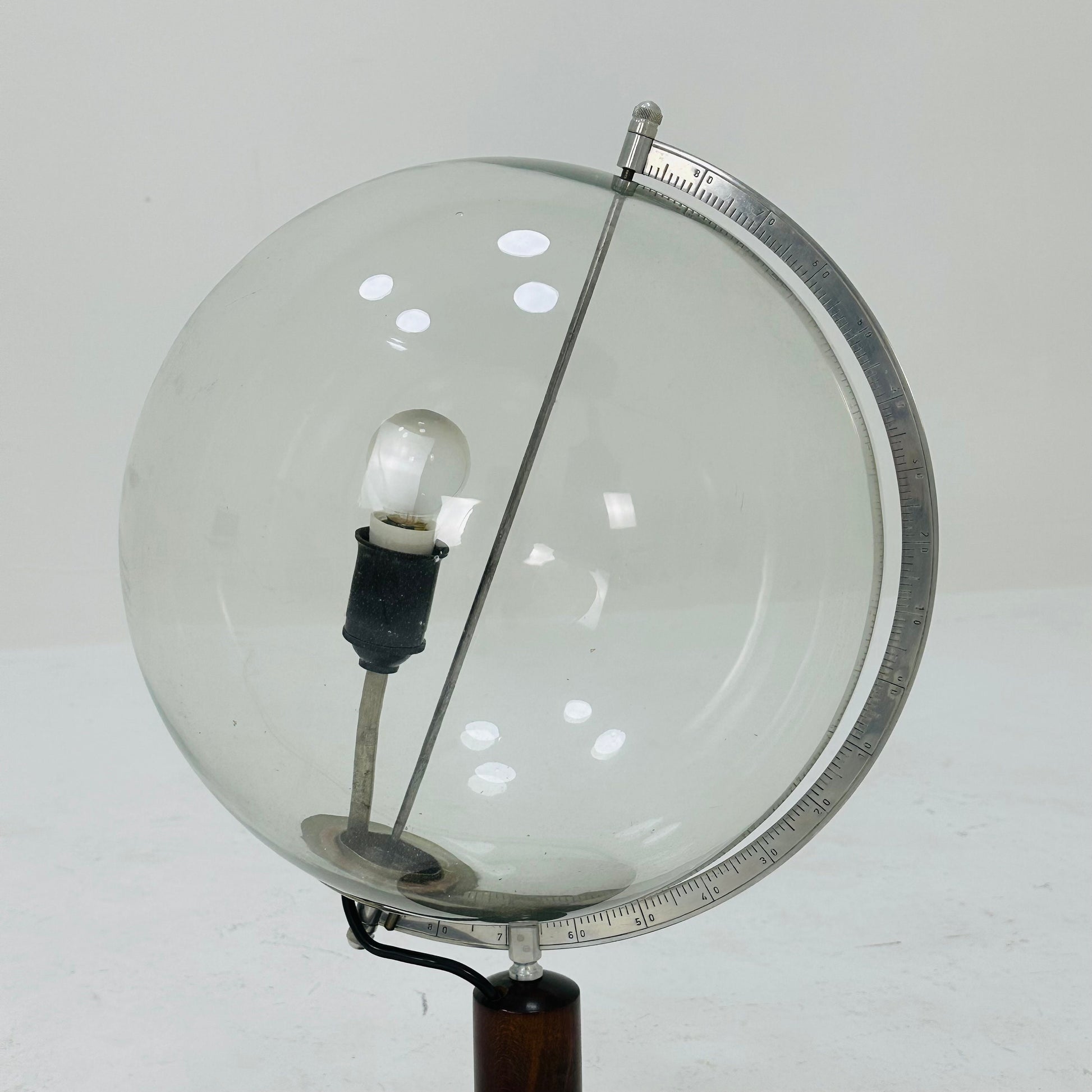 Mid century globe table lamp made of wood, metal & glass 1970s
