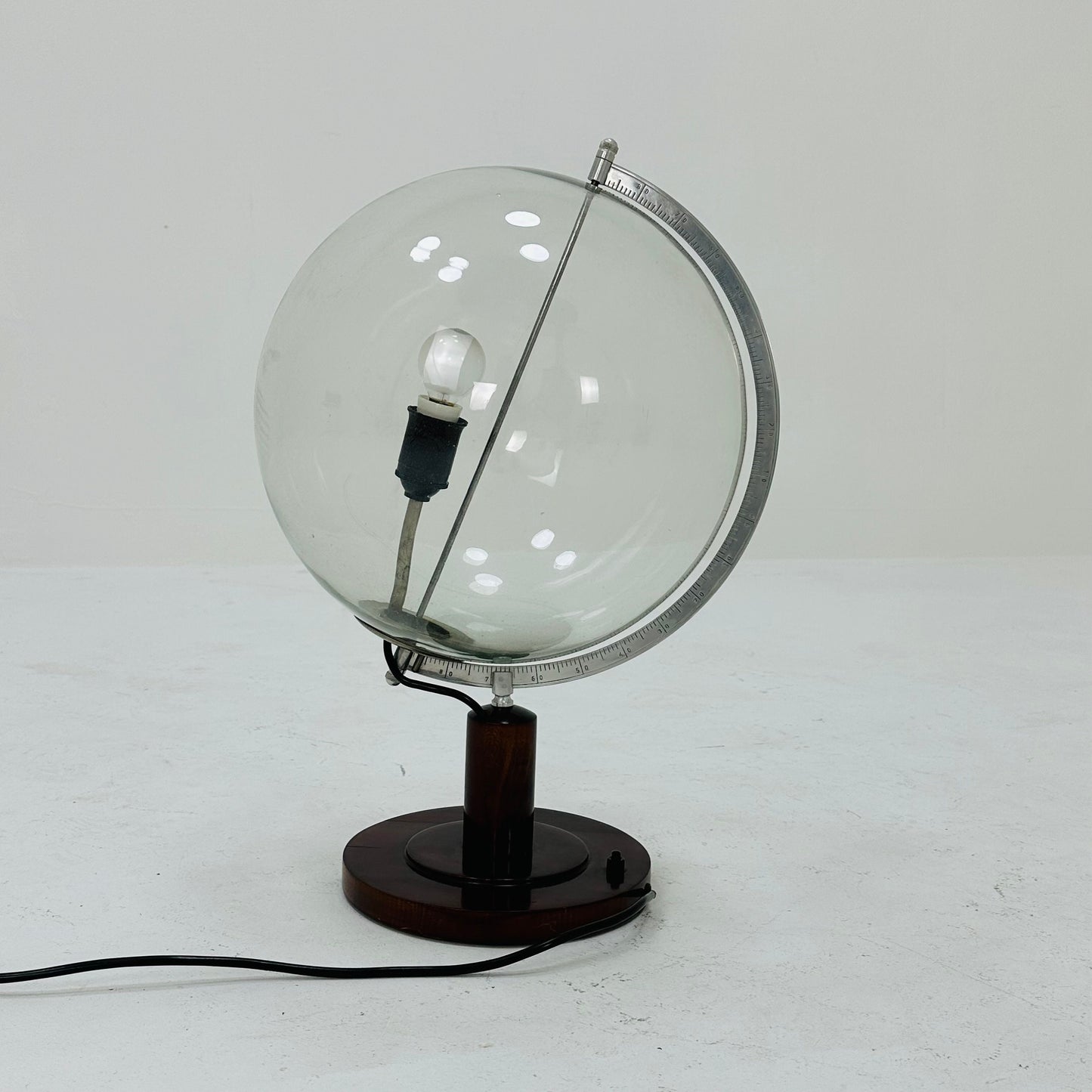 Mid century globe table lamp made of wood, metal & glass 1970s