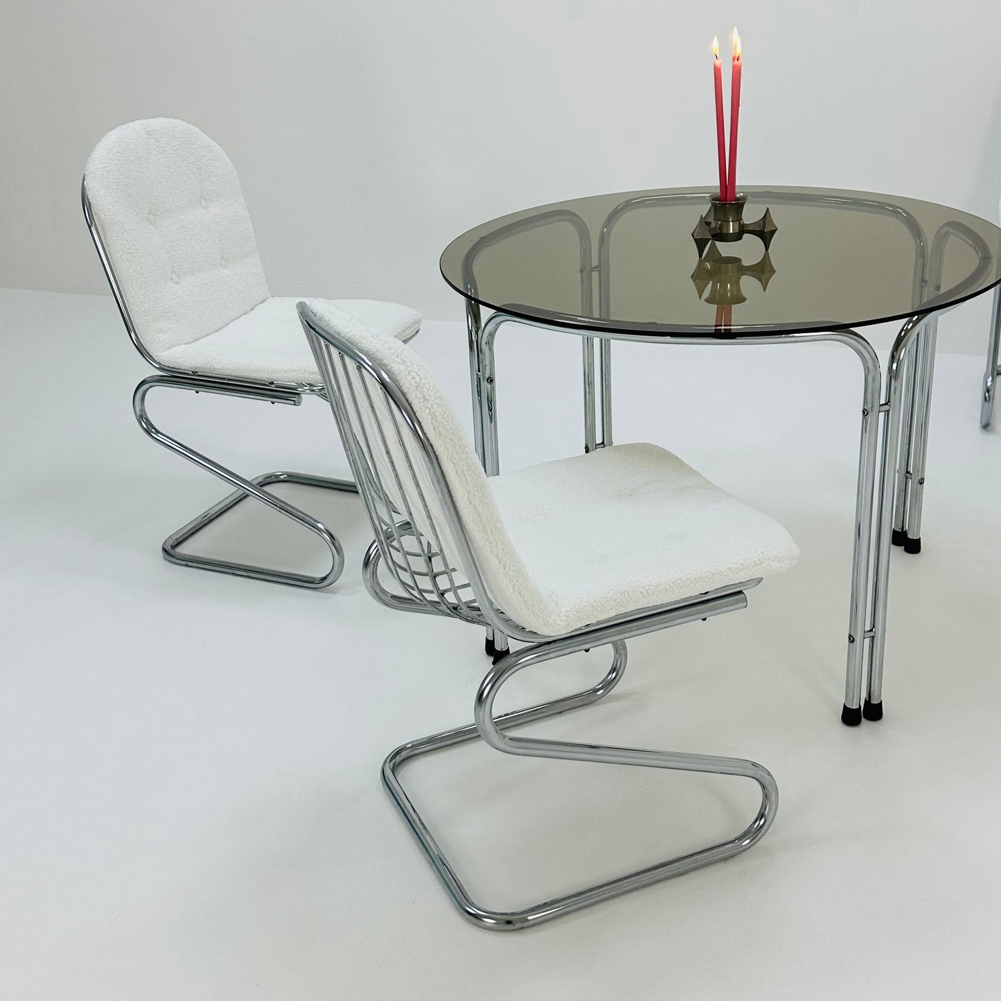 Mid century dining room table with four chairs, by Gastone Rinaldi for Rima chrome smoked glass ,Teddi fabric, 1970s Italy