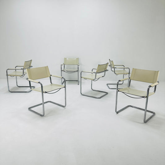 Set of 6 Model MG5 Centro Studi dining white leather chairs by Mart Stam & Marcel Breuer for Matteo Grassi, 1980s
