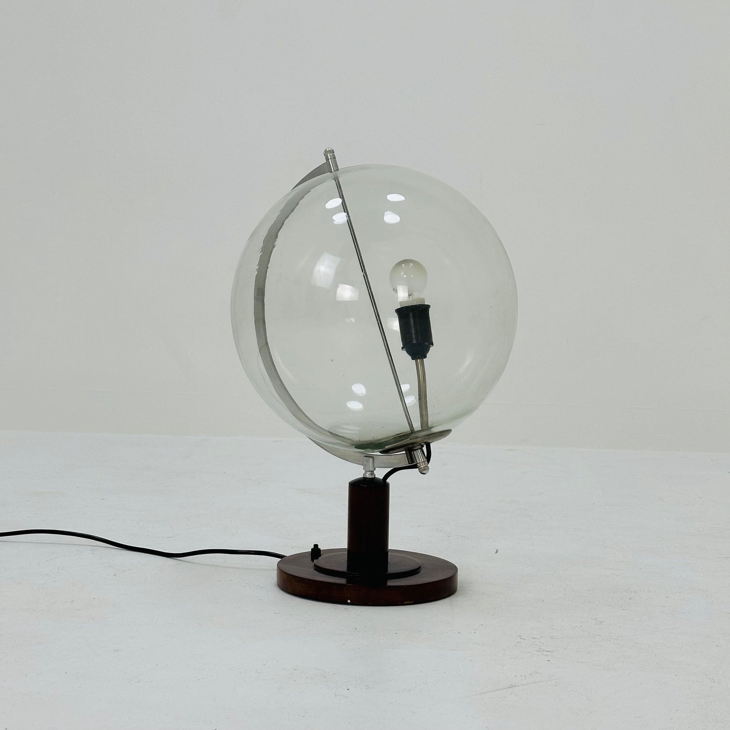 Mid century globe table lamp made of wood, metal & glass 1970s