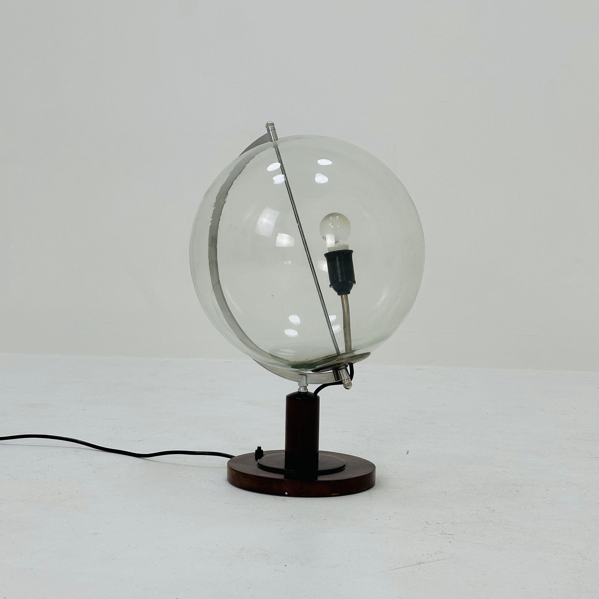 Mid century globe table lamp made of wood, metal & glass 1970s