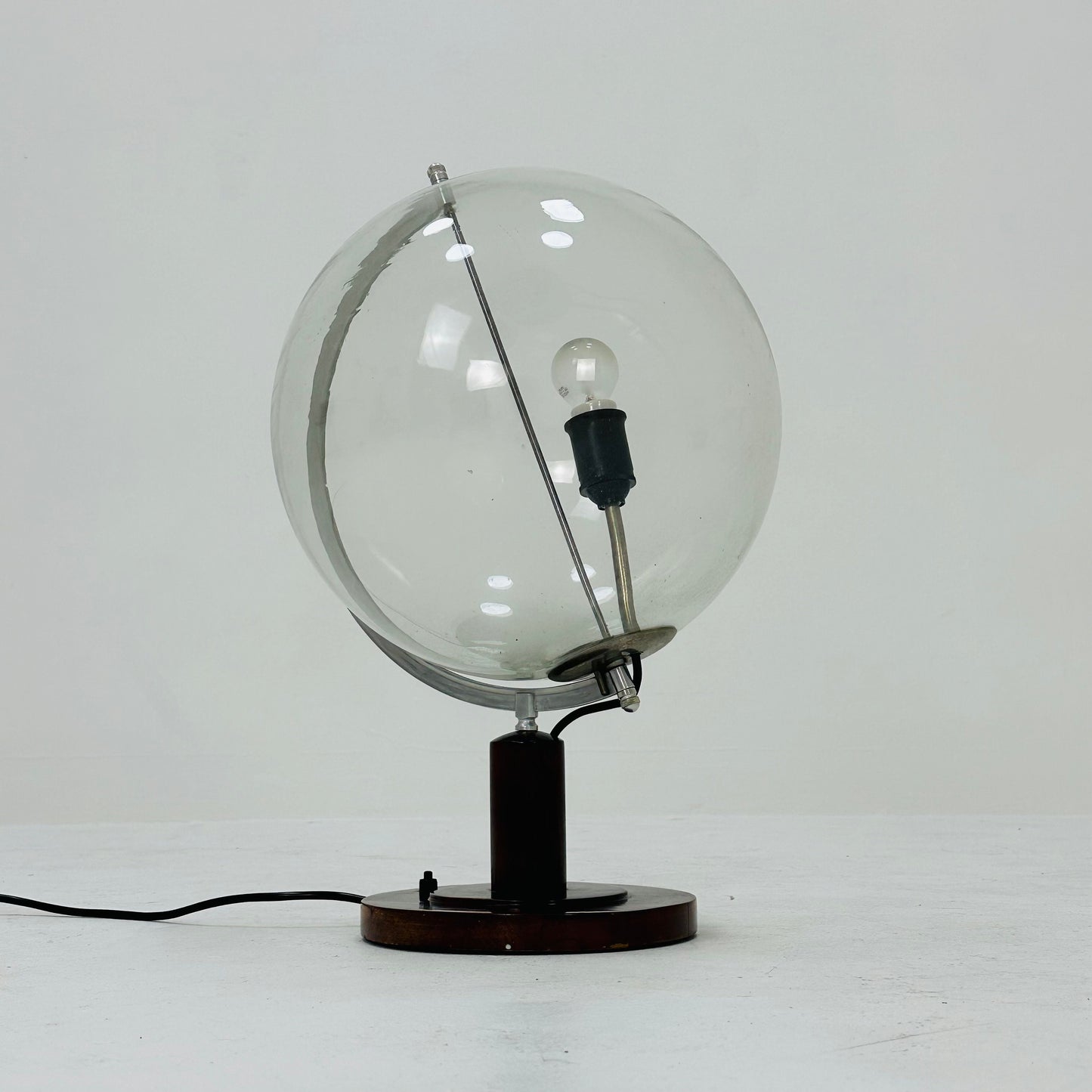 Mid century globe table lamp made of wood, metal & glass 1970s