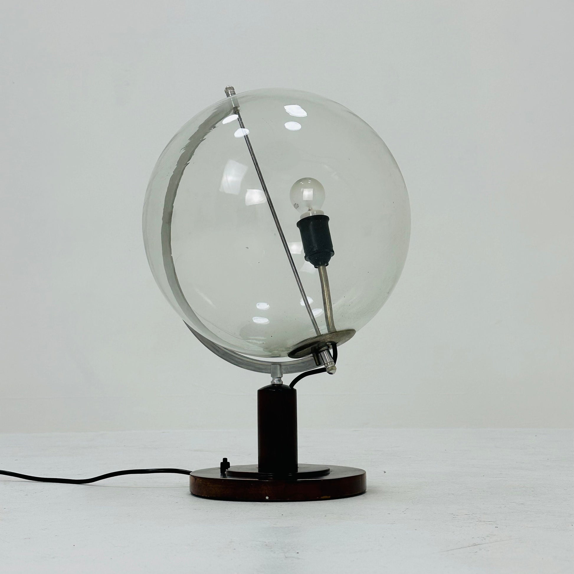 Mid century globe table lamp made of wood, metal & glass 1970s