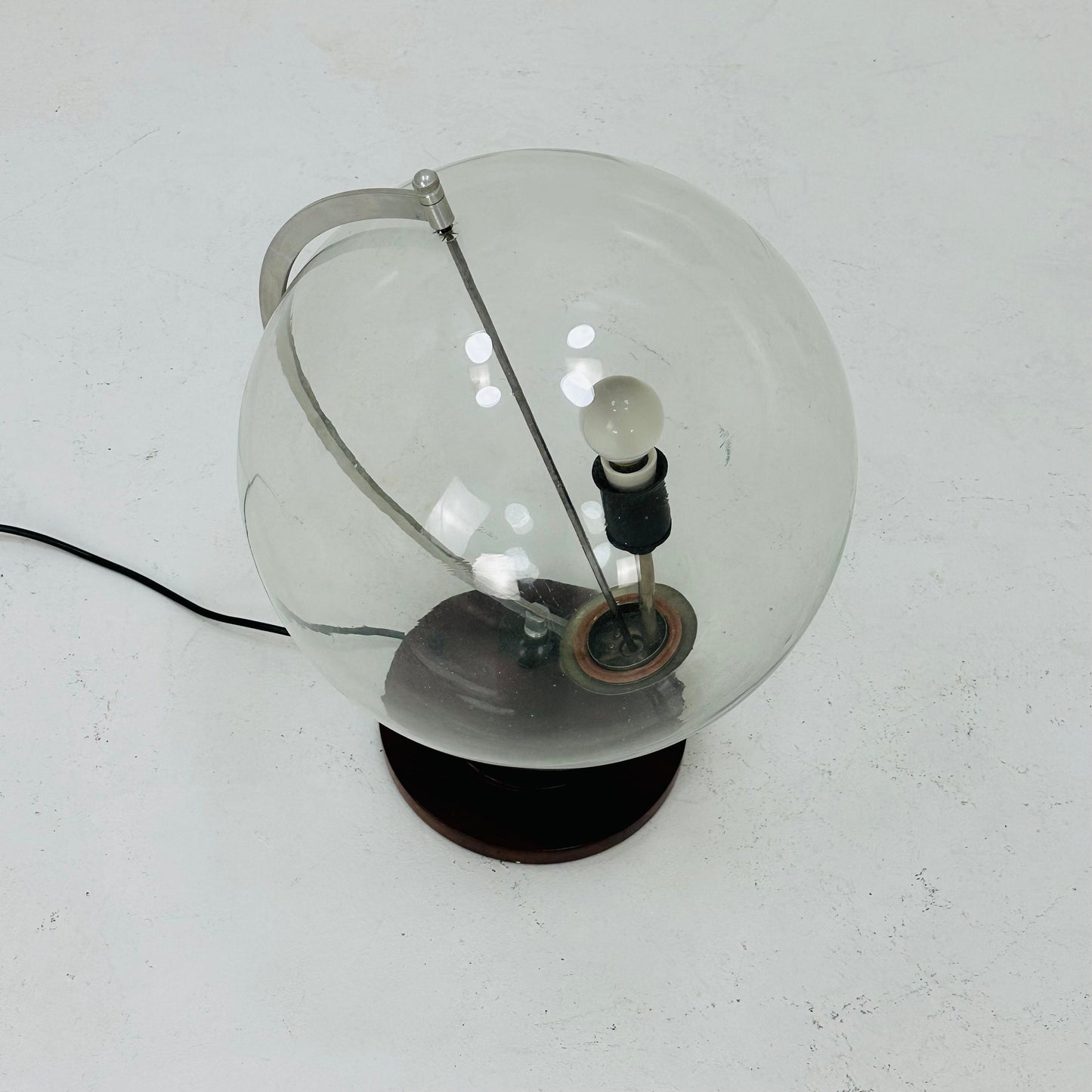 Mid century globe table lamp made of wood, metal & glass 1970s