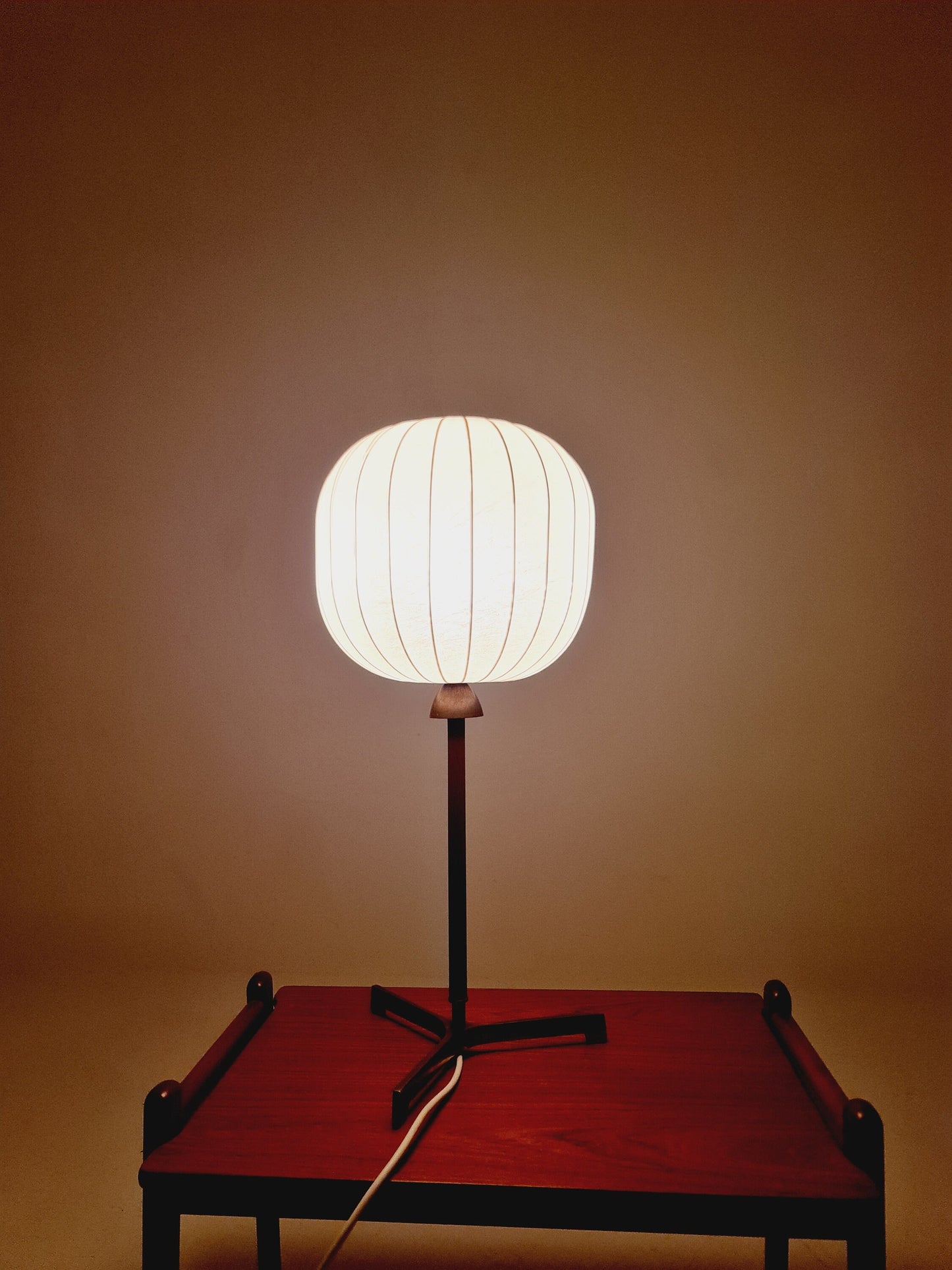 Mid century cocoon teak & brass table lamp by Vereinigte Werkstätten München, Germany, 1960s