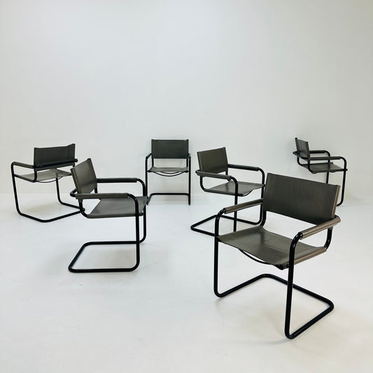 Set of 6 Mid century B34 grey leather cantilevered chairs by Mart Stam for Jox Interni italy 1980s