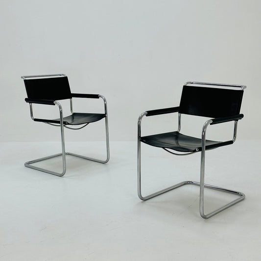 Set of 2 black S34 tubular steel chairs by Mart Stam for Jox Interni - 1970s