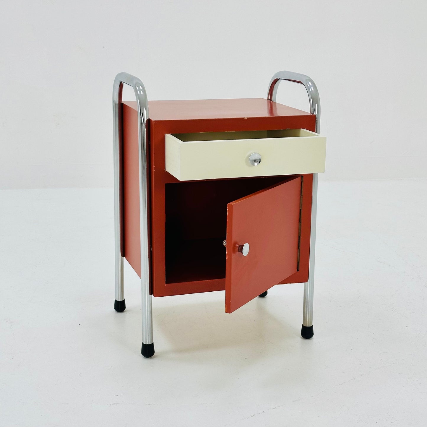 Bauhaus nightstand with drawer in red & white 1970s