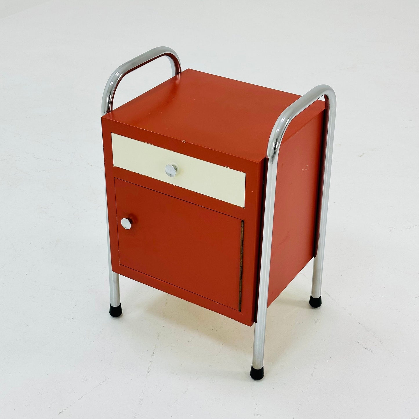 Bauhaus nightstand with drawer in red & white 1970s