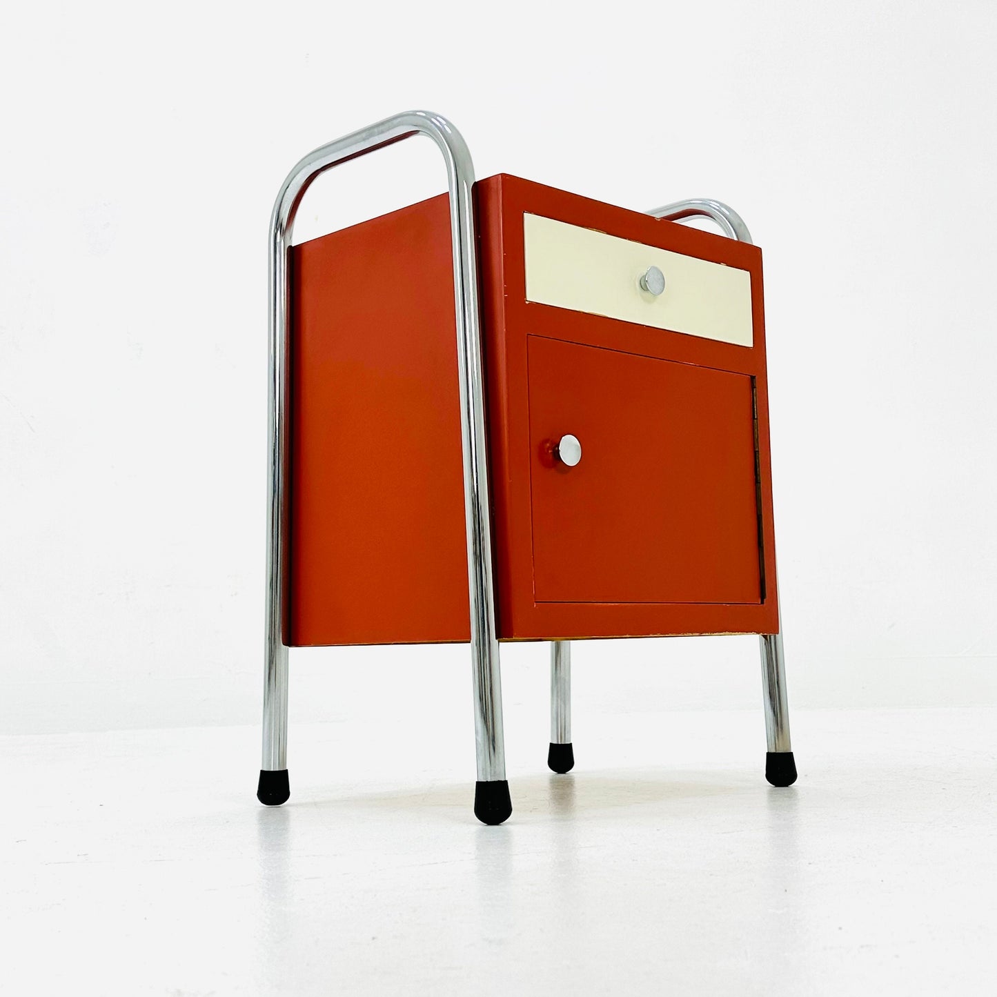Bauhaus nightstand with drawer in red & white 1970s