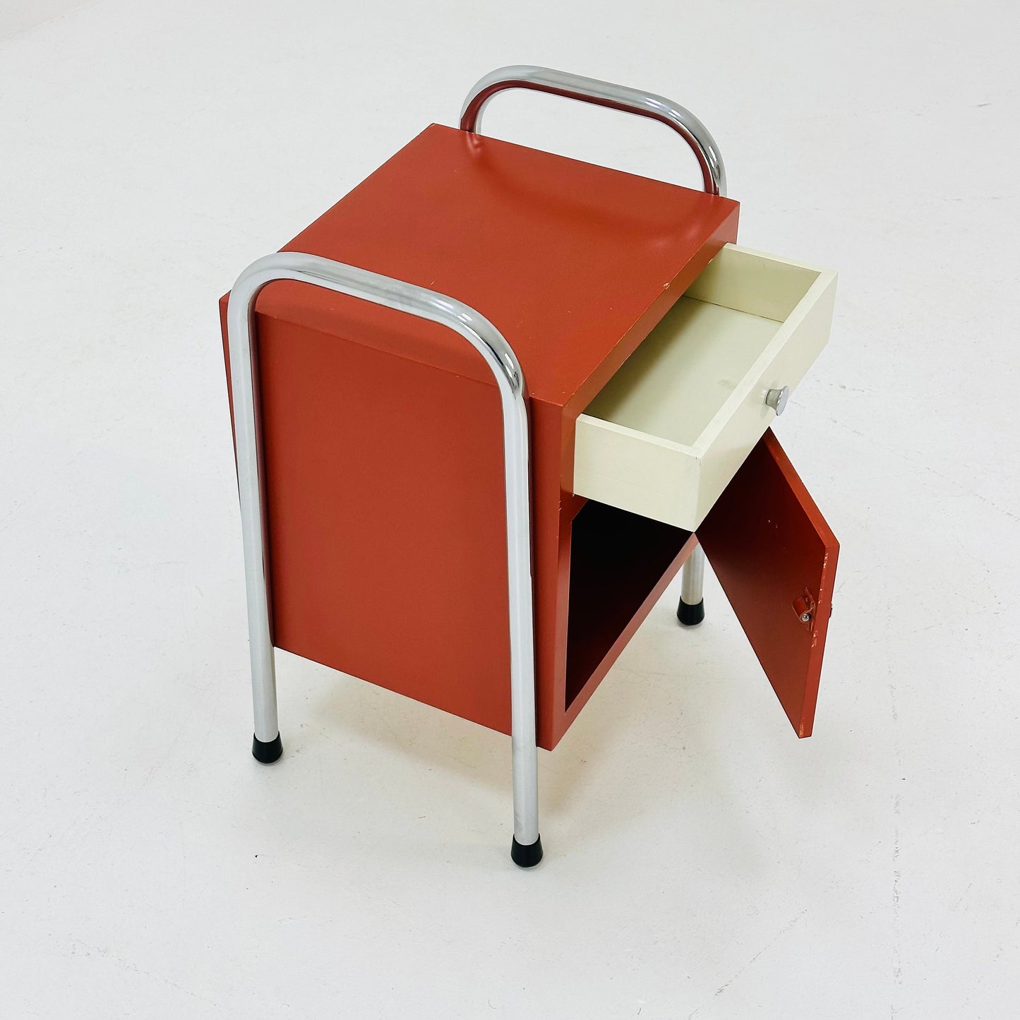 Bauhaus nightstand with drawer in red & white 1970s