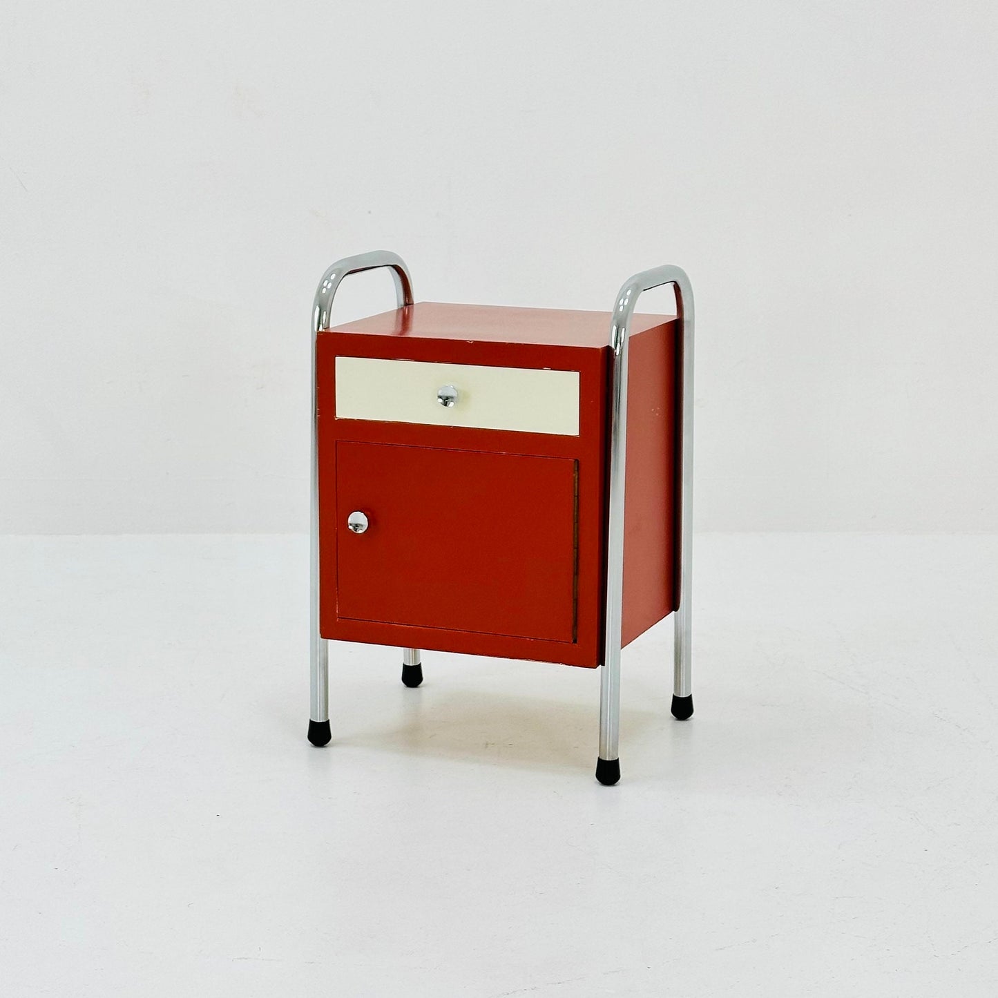 Bauhaus nightstand with drawer in red & white 1970s
