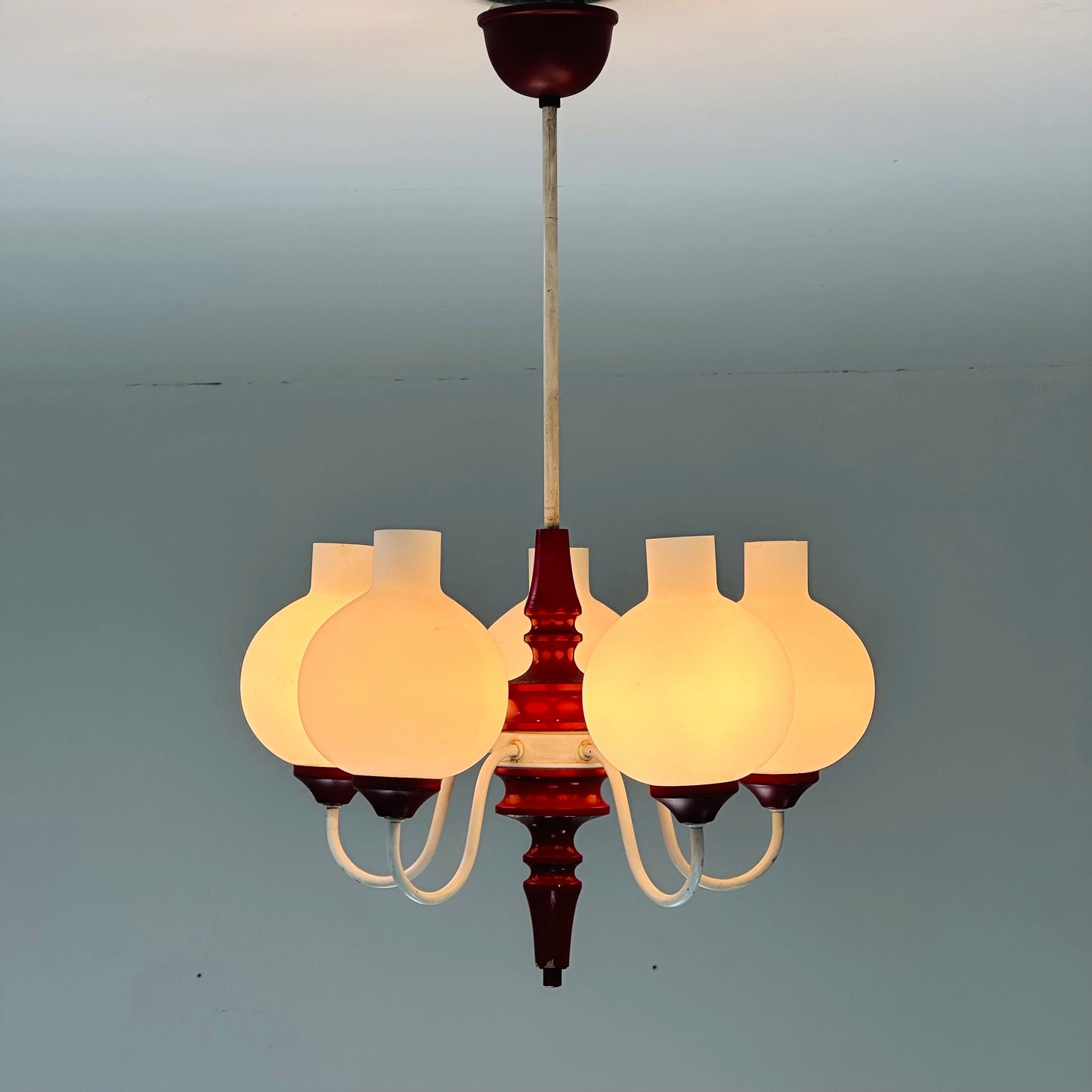 German mid century 5 Opal Glass and Bordeaux Body Chandelier by Kaiser Leuchten, 1960s, Germany