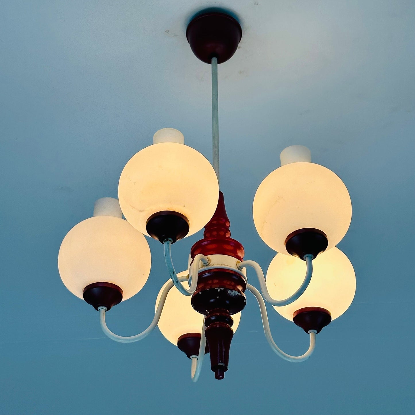 German mid century 5 Opal Glass and Bordeaux Body Chandelier by Kaiser Leuchten, 1960s, Germany