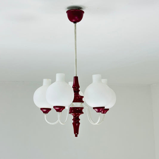 German mid century 5 Opal Glass and Bordeaux Body Chandelier by Kaiser Leuchten, 1960s, Germany