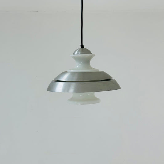 Scandinavian Pendant lamp from the 1970s in brushed aluminum and opaline glass.