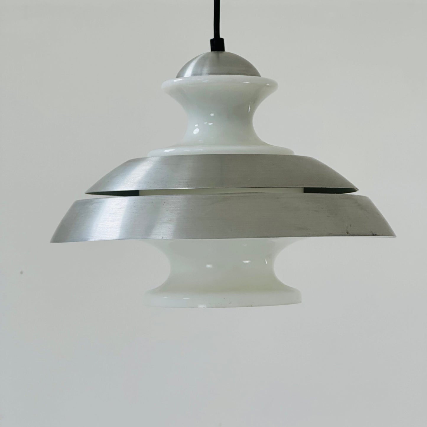 Scandinavian Pendant lamp from the 1970s in brushed aluminum and opaline glass.