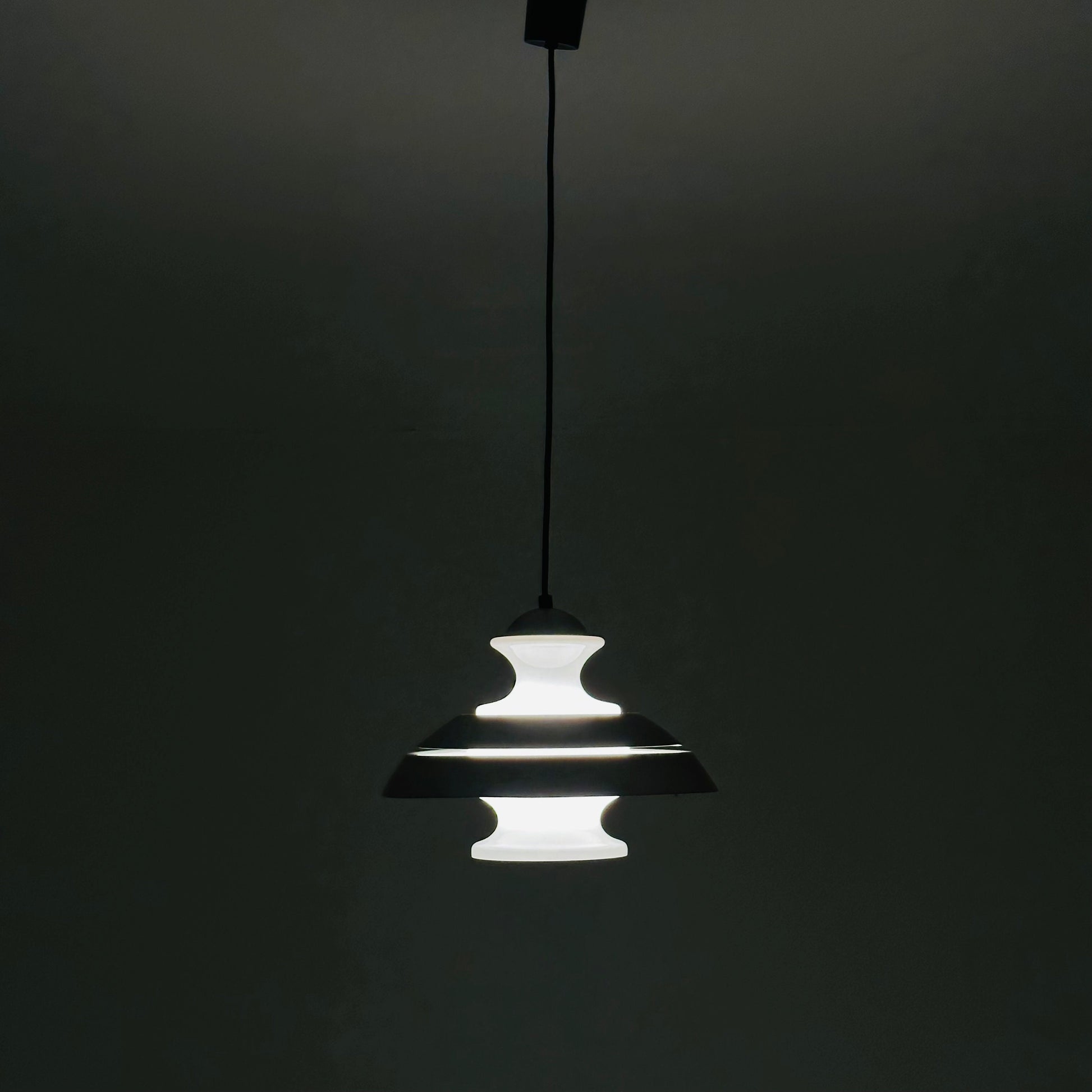 Scandinavian Pendant lamp from the 1970s in brushed aluminum and opaline glass.