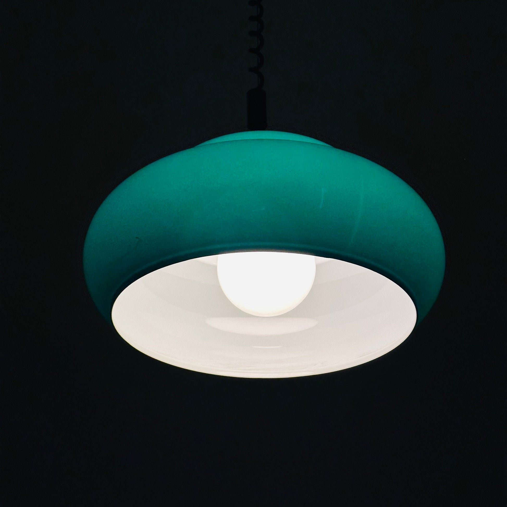 1 of 2 Mid Century Space Age Pendant Light / Green Vintage Lamp Italy 1970s