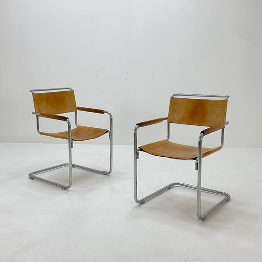 set of 2 cognac leather armchairs by designer Mart Stam for Linea Fiam Italy 1980s