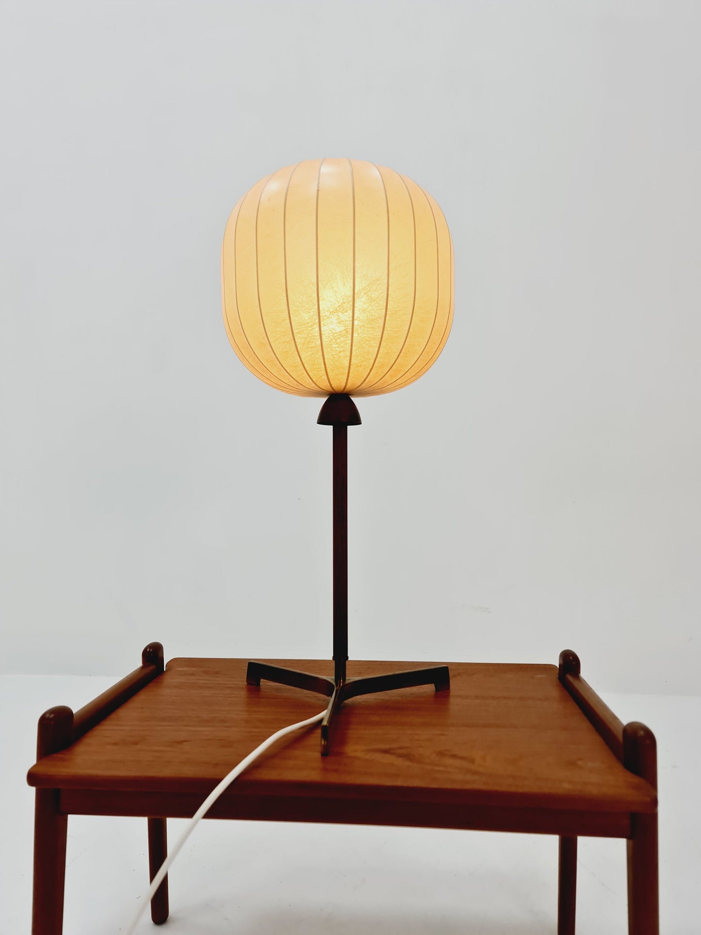 Mid century cocoon teak & brass table lamp by Vereinigte Werkstätten München, Germany, 1960s