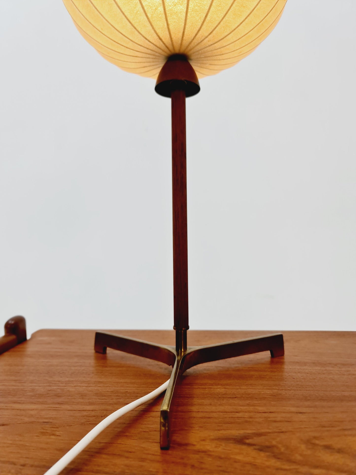 Mid century cocoon teak & brass table lamp by Vereinigte Werkstätten München, Germany, 1960s